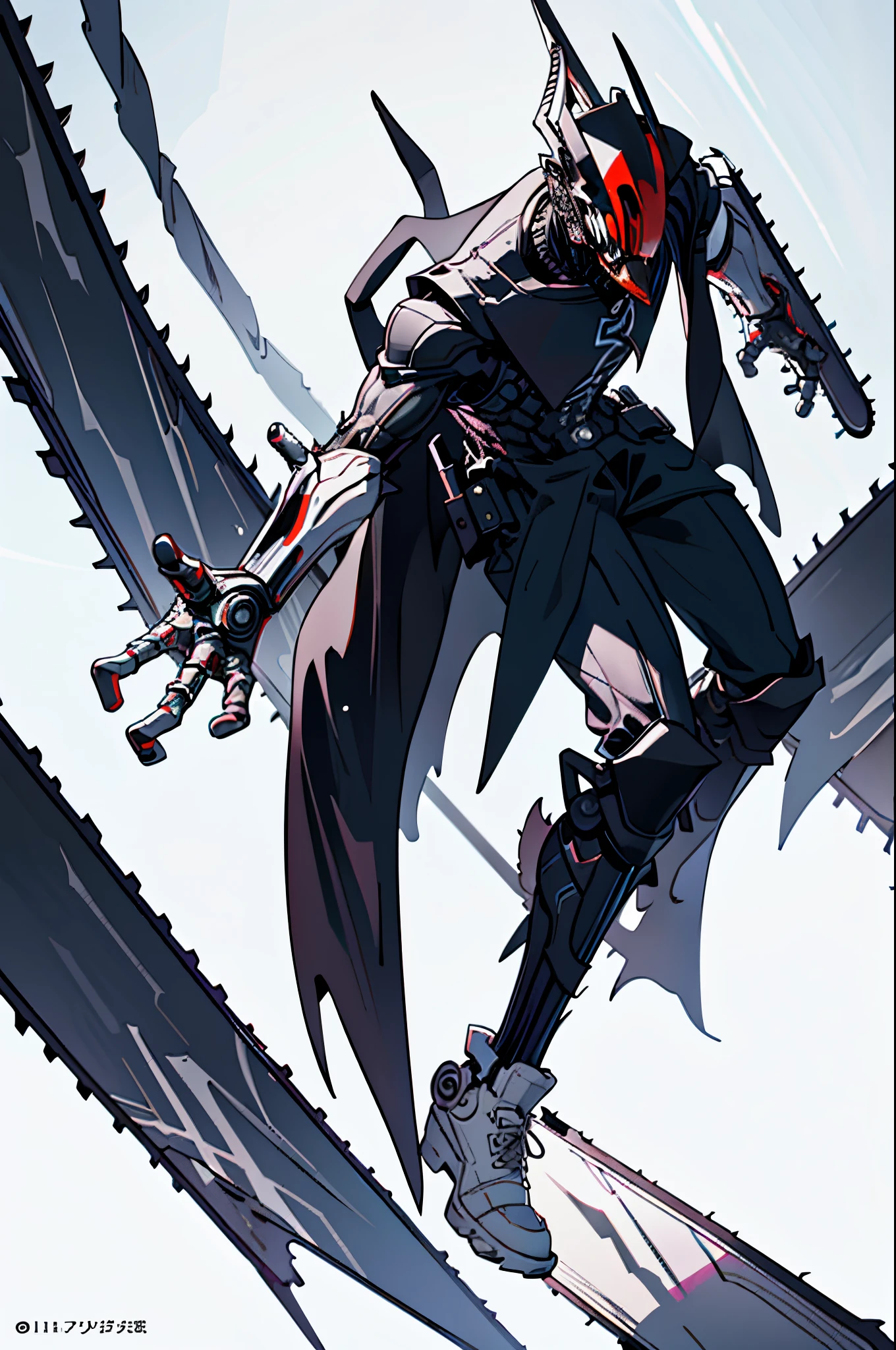 (masterpiece, best quality:1.2), full body, goth_punk, 1man, solo, chainsaw man ultimate devil falcon form, with long pointy horns, color white, wearing a color white cyber exoskeleton armor, with a white cape, roled up sleeves, long tongue, wearing gloves, splash ink, manga style, dynamic sitting fighting pose, with giant mechanical chainsaw, fisheye