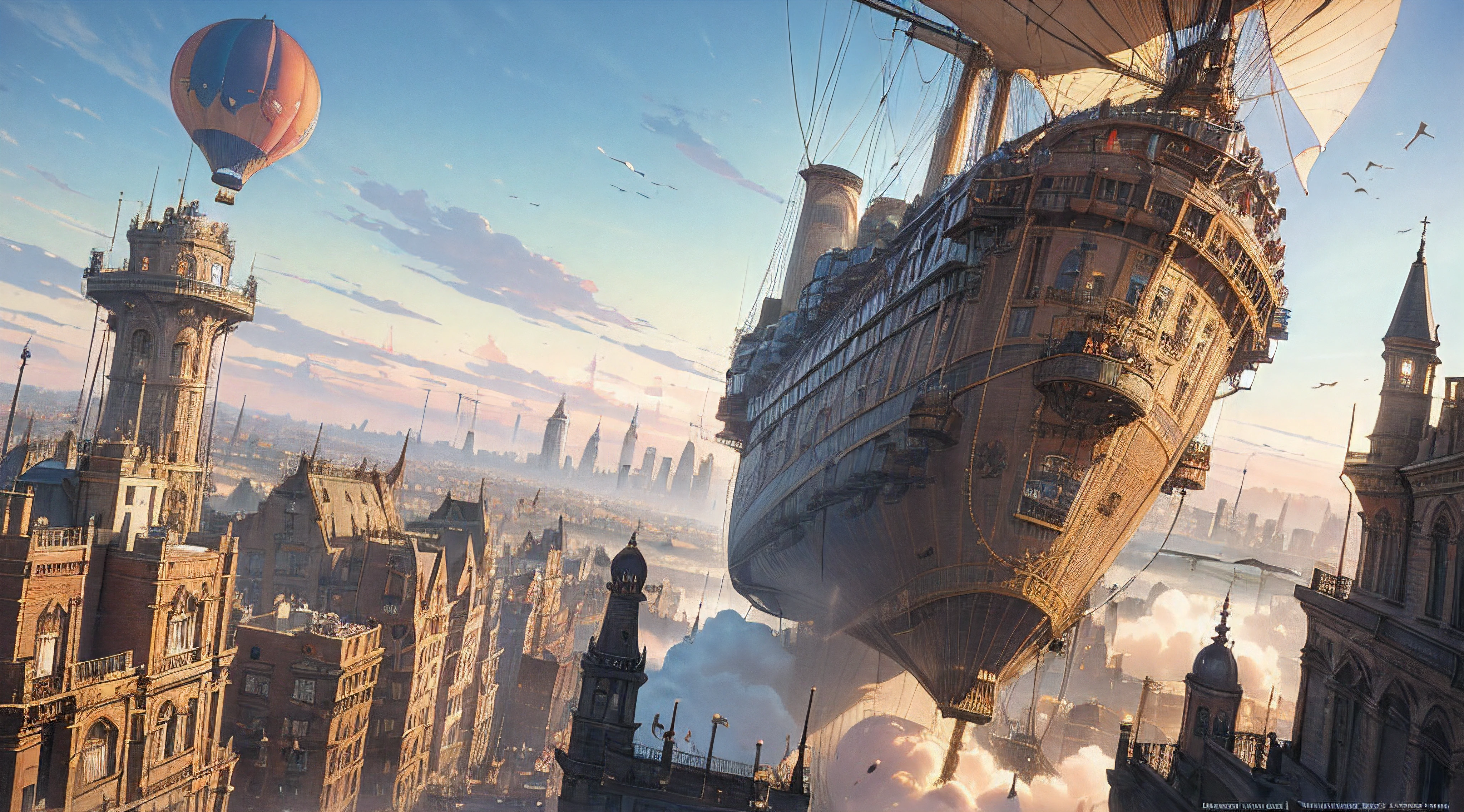 ((Romantic background wallpaper with epic and ultimate steampunk atmosphere)), ((Steampunk)), (Vivid colors), (transportation airship flying in the sky:1.3),
BREAK, (3D multilayer structure, Steampunk 18th century New York Main Street:1.4), (Lots of steampunk machines:1.3 , steam and chimney) (A factory from the industrial age fills the screen :1.3), ((steampunk adventure cityscape:1.3)), (Best Steampunk Adventure: 1.2), (steampunk gear decoration: 1.3), (skyscraper steampunk street:1.3) (18th century 1 hot air balloon:1.3),
BREAK,
(Building layout that gives a sense of depth, Gradually move from the front of the screen to the back.々The building continues on:1.3)

BREAK,(Professional industrial machinery designer designs airship:1.3), ((Neatly decorated finished steampunk victorian 1 airship:1.3)), (airship airplane propeller:1.3), (The airship is a completed hull:1.4), The airship is equipped with a propeller, turboshaft, and engine.、can fly in the sky。, Ships with engineering design in mind:1.4)), (The airship is placed on the side so that it can be seen clearly.:1.3),

 BREAK, (masutepiece: 1.4), Super Resolution, ((Insanely detailed:1.3)), Sense of depth, (Super colorful pastel art is displayed full screen: 1.4), Old punk-ish, ((All Pages, 18th century ,Victorian)), (NOhumans: 1.5), (The ultimate single illustration:1.3), (Composition where you can&#39;t see much of the sky), (ccurate), Gothic, (epicd: 1.1), Coal-fired power