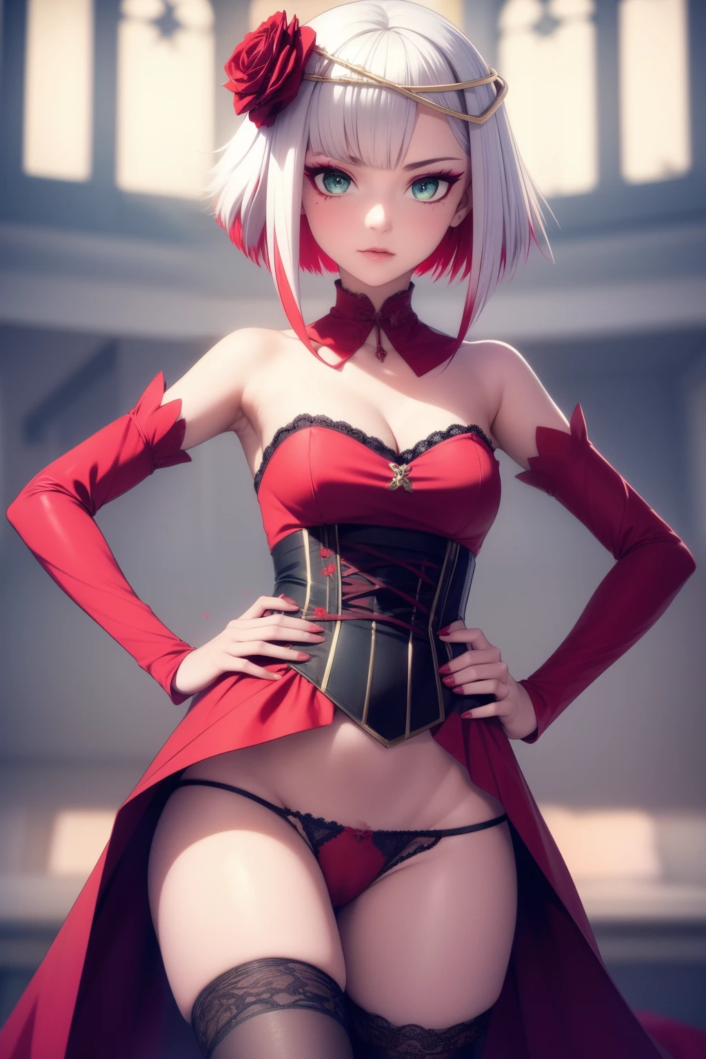 1girl, destiny, flower, solo, (minidress with hemline on hip:1.3), (tight dress:1), tight clothes, panty peek, panties,(lace panties:1.1), cameltoe, red flower, hair ornament, red rose, hair flower, short hair, green eyes, standing, from below, low angle, multicolored hair, standing, from_below, thighs, parted bangs, white hair, short hair with long locks, bare shoulders, looking at viewer, detached sleeves, eyeshadow, red rose on hair, small breasts, realistic, best quality,ultra-detailed,sharp focus,vivid colors,photorealistic,dynamic composition,indoor lighting,dramatic color scheme,stylishly, meticulous attention to detail