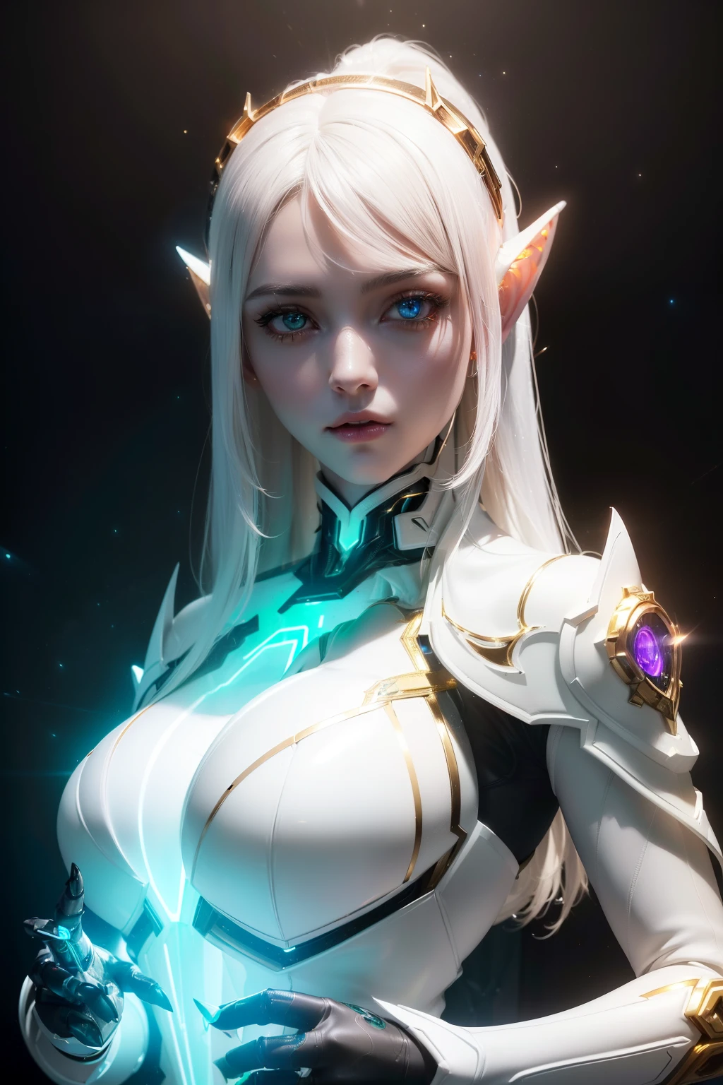 Elf, intricate perfect beauty face, detailed sharp glowing eyes, detailed face, (((half body:1))), (((beauty shape))), ((in realistic white neon-lit sci-fi mech plugsuit costume)), masterpiece, 4k, UHD (((wearing golden gauntlet with hyper realistic and detailed black))) (((aethereal aesthetic)))