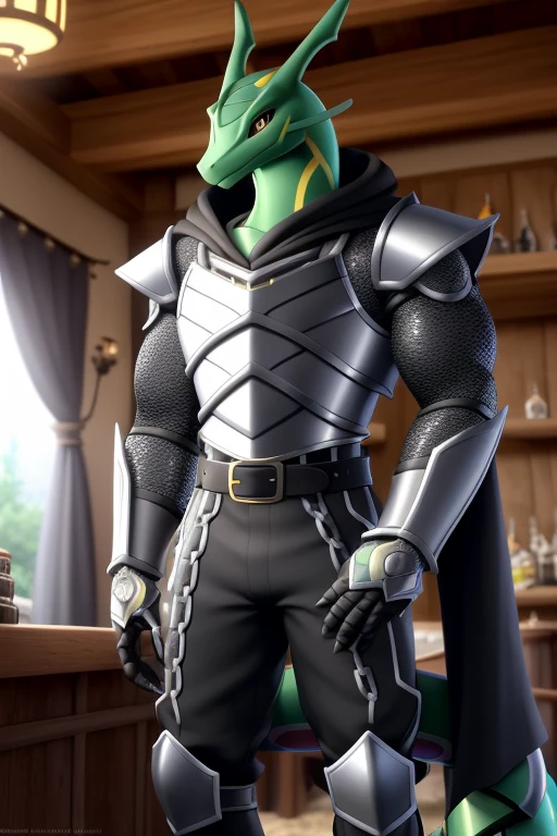 uploaded on e621, 3d:0.4, (bastika, hioshiru), male, solo, shiny rayquaza, black scale, black skin, muscular, full body armor, chest covered, chain mail, silver chest plate, silver gauntlets pauldrons, belt, black pants, blacke long sleeve, black cloak, tavern