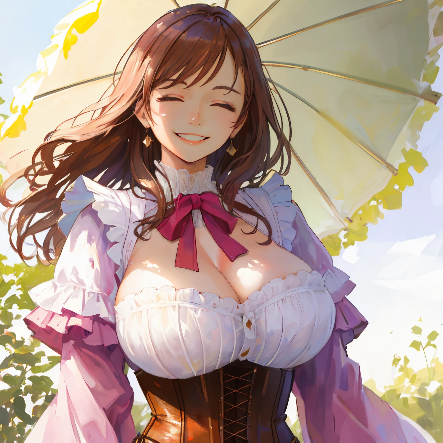 (((Masterpiece))), best quality, cowboy shot, perfect anatomy, (detailed face), outdoors, sunny, warm sunlight, (((realistic faces))), realistic anatomy, painterly)) corset, victorian dress, wild west, pink dress, frilly, parasol, solo, large breasts, massive breasts, brown hair, smile, closed eyes, ((((evil smile, shaded face)))))