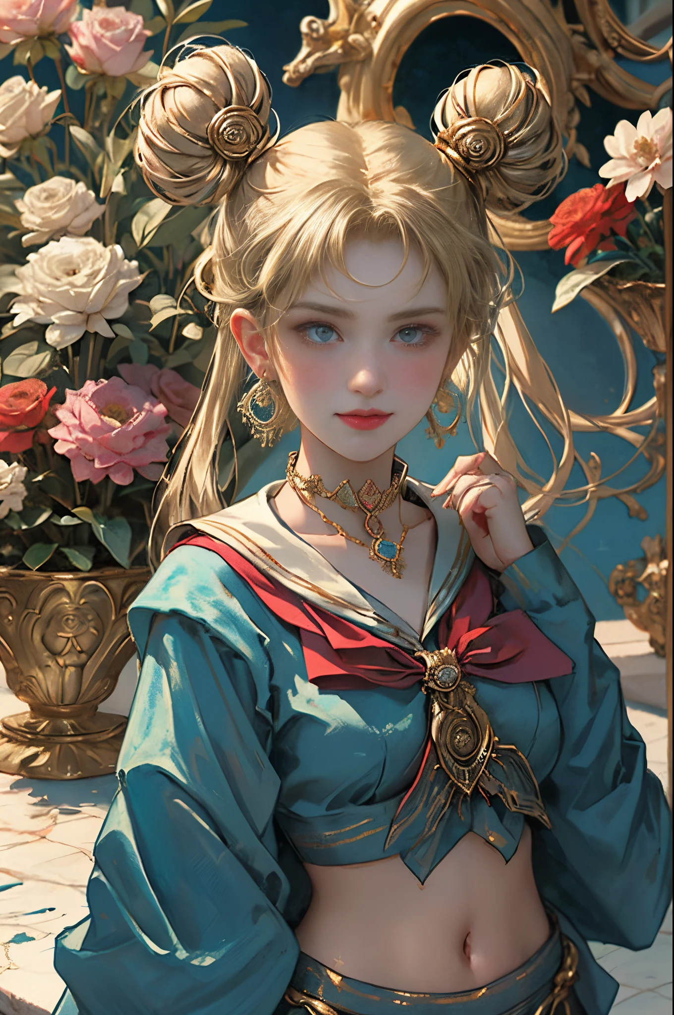 paint a decorative painter moon:1.6，Mariner Moon))， ((Ridiculously blonde hair:1.4))，((Double ponytail in gold:1.6))，((Parted bracelets wrapped in bun:1.4))，((Red bun hair accessories))，(ssmile:1.4)，Sailor Moon Aesthetics， dream core，The content  very detailed，Bright and harmonious colors，(dressed in：Blue collar，sailors:1.6，super mini skirt:1.6)，did not wear underwear:1.4，Hairy and fleshy:1.2 puffy skiraborate eyes，delicated face，Delicate earrings，Lots of flowers around，flowers blooming，A sea of flowers，（tangled，datura，Tangles，entangled）， (s fractal art: 1.4)， （Decorative painting:1.8），(：1.6)，