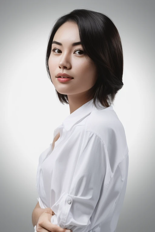 Ms. Feder wearing a white shirt posing for a photo, a young asian woman, Young asian woman, an asian woman, Studio close-up photo, a close up portrait photo, korean woman, close-up professional portrait, head and shoulders photography, Young cute asian face, south east asian with round face, Side profile centered portrait, Close portrait