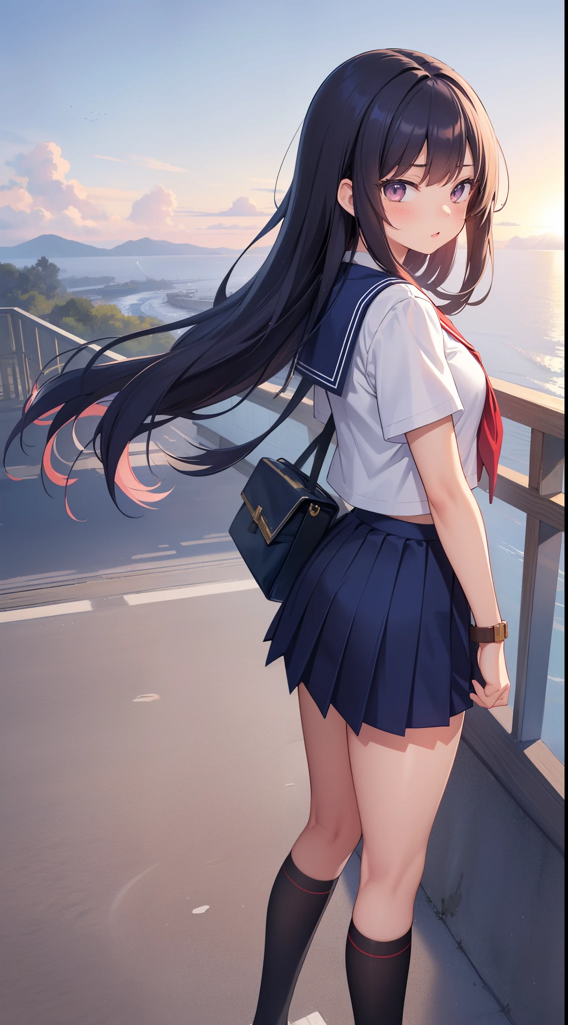 Strong winds、High school girl climbing stairs at train station、look back、Strong windsが吹く、The wind blows up my skirt、Skirt Fuwari、White panties are visible