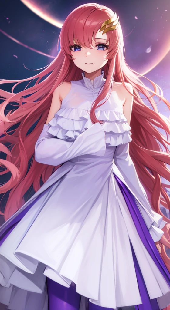 lacusclyne, lacusclyne, (Purple eyes:1.1), Hair Ornament, Long hair, wave hair ornament, Pink hair, Smile,
Break Dresses, long-one-piece dress, White Dress, Long sleeves, White sleeves, Ruffled ruffled skirt, frilly sleeves, Detached sleeves, Bare shoulders, Purple short skirt, Purple ruffles,I can see my pants,Rest watching pink underwear viewers, (Cowboy Shot:1.5),
BREAK outdoors, spaces, Star \(skyporn\), Sun,
BREAK (masutepiece:1.2), Best Quality, High resolution, Unity 8k壁纸, (Illustration:0.8), (Beautiful detailed eyes:1.6), extra detailed face, Perfect Lighting, extremely details CG, (Perfect hands, Perfect Anatomy),