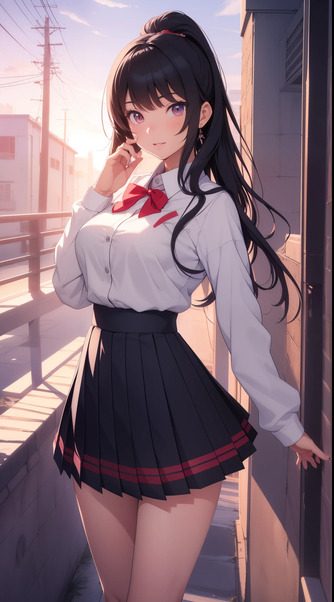 tmasterpiece，(1 female high school student，校服，Superskirt)，natta，pixiv，concept-art，amazing scenery。Lopfe art style, lofi art, beautiful anime scenes, Anime landscapes, Detail Enhancement。