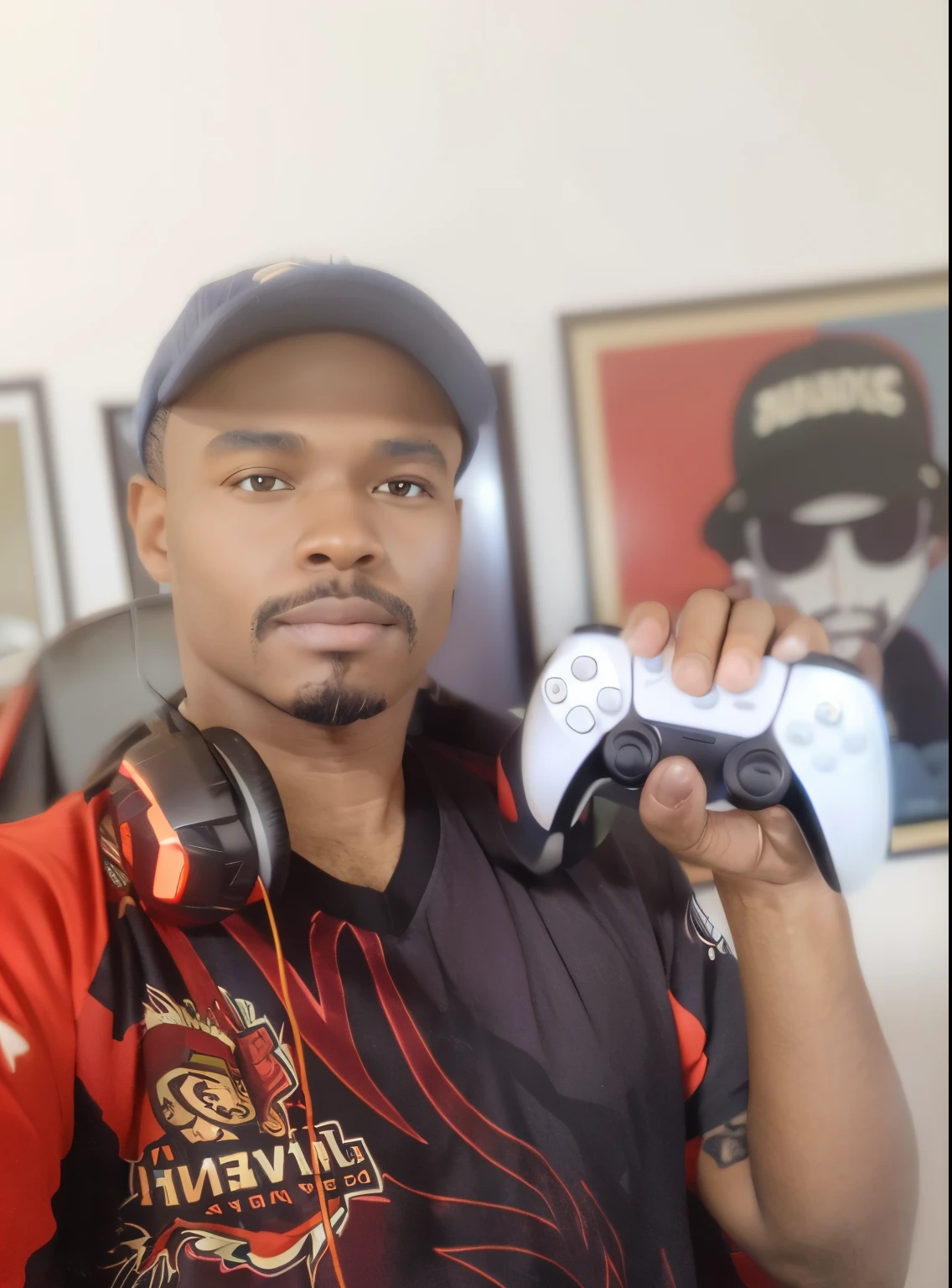 Black man with cartoon appearance   , wearing a hat and a video game controller in his hand, com barba e bigode