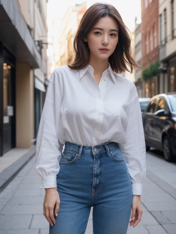 ((top-quality、8K、​masterpiece：1.3))、Crisp focus：1.2、Beautiful Women in Perfect Style：1.4、Slender Abs：1.2、((dark brown hair、Colossal tits：1.2))、(White button-up long shirt:1.1)、Street:1.2、Highly detailed facial and skin texture、A detailed eye、二重まぶた、full body Esbian、jeans、Cool Woman