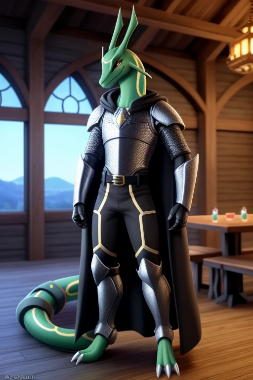 uploaded on e621, 3d:0.4, (bastika, hioshiru), male, solo, shiny rayquaza, black scales, black skin, black coloring, tone, full body armor, chest covered, chain mail, silver chest plate, silver gauntlets pauldrons, belt, black pants, blacke long sleeve, long black cloak, black fur around colar, tavern