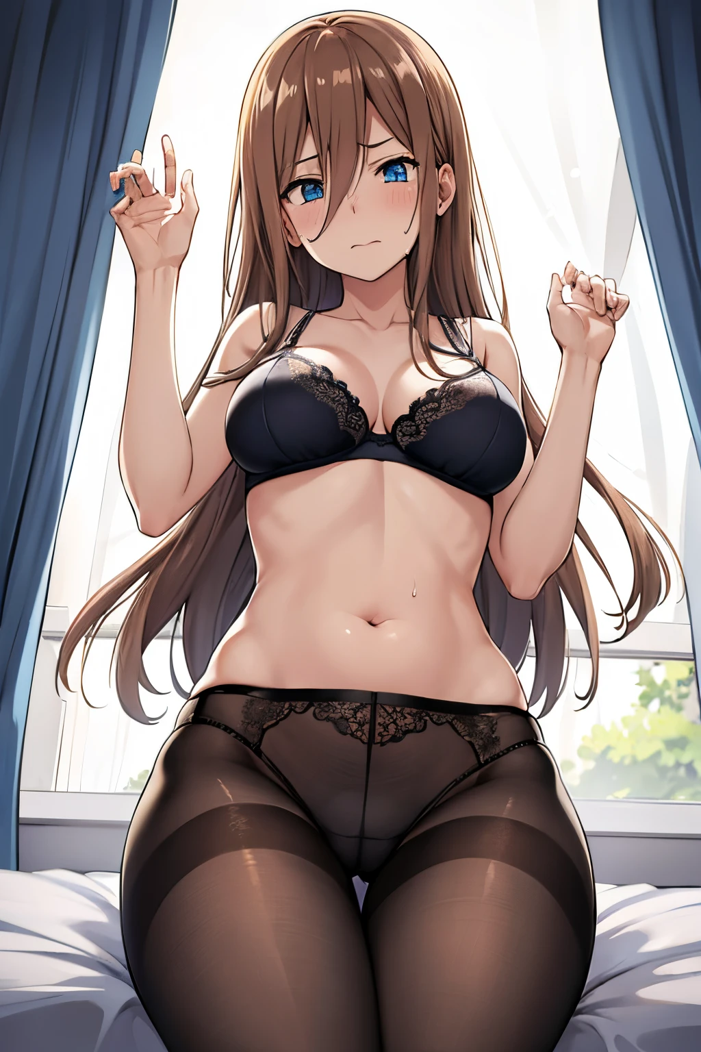 POV (from below), 1girl, alone, Miku Nakano, Long hair, brown hair, blue eyes, embarrassed, Neutral expression, mouth partially open, seductive, sweaty, room, bedroom, Good lighting, Night, window with open curtains, bed, sitting, legs open, underwear, blue bra, blue lace bra with white floral details, black pantyhose, transparent stockings, showing underwear, BLUE THONG, left hand stretching black pantyhose, large breasts, medium waist, medium hips, wide thighs, looking at the viewer, perfect hands, excellent body anatomy
