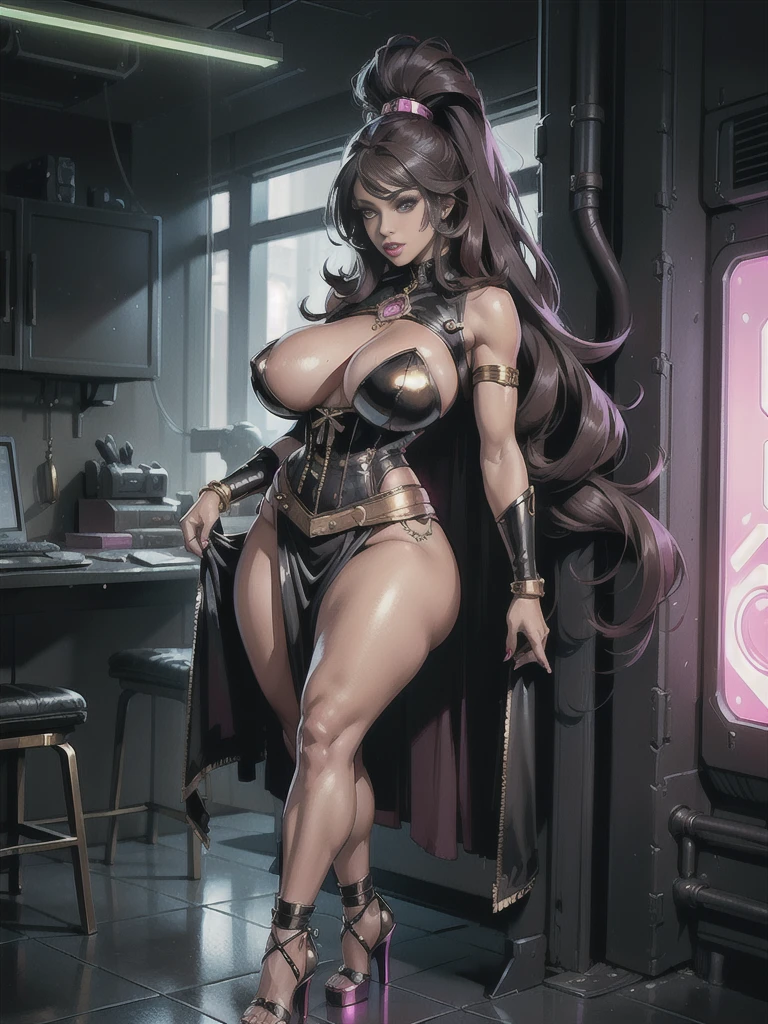 sexy, sensual, realistic, (full body, solo, 1girl), dark skin mature female, dark skinned female, (gyaru, goth, bimbo), huge chest, long legs, huge thighs, thick calves, flat belly, fit, tiny narrow waist, glowing eyes, huge hips, thick lips, glowing lipstick, long eyelashes, long dark hair, thin toned body, (reflective gold biopunk corset). (long translucent skirt, cyberpunk skirt). (glass steampunk platform heels, luminescent pink bracelets, 1960s), detailed face, detailed body