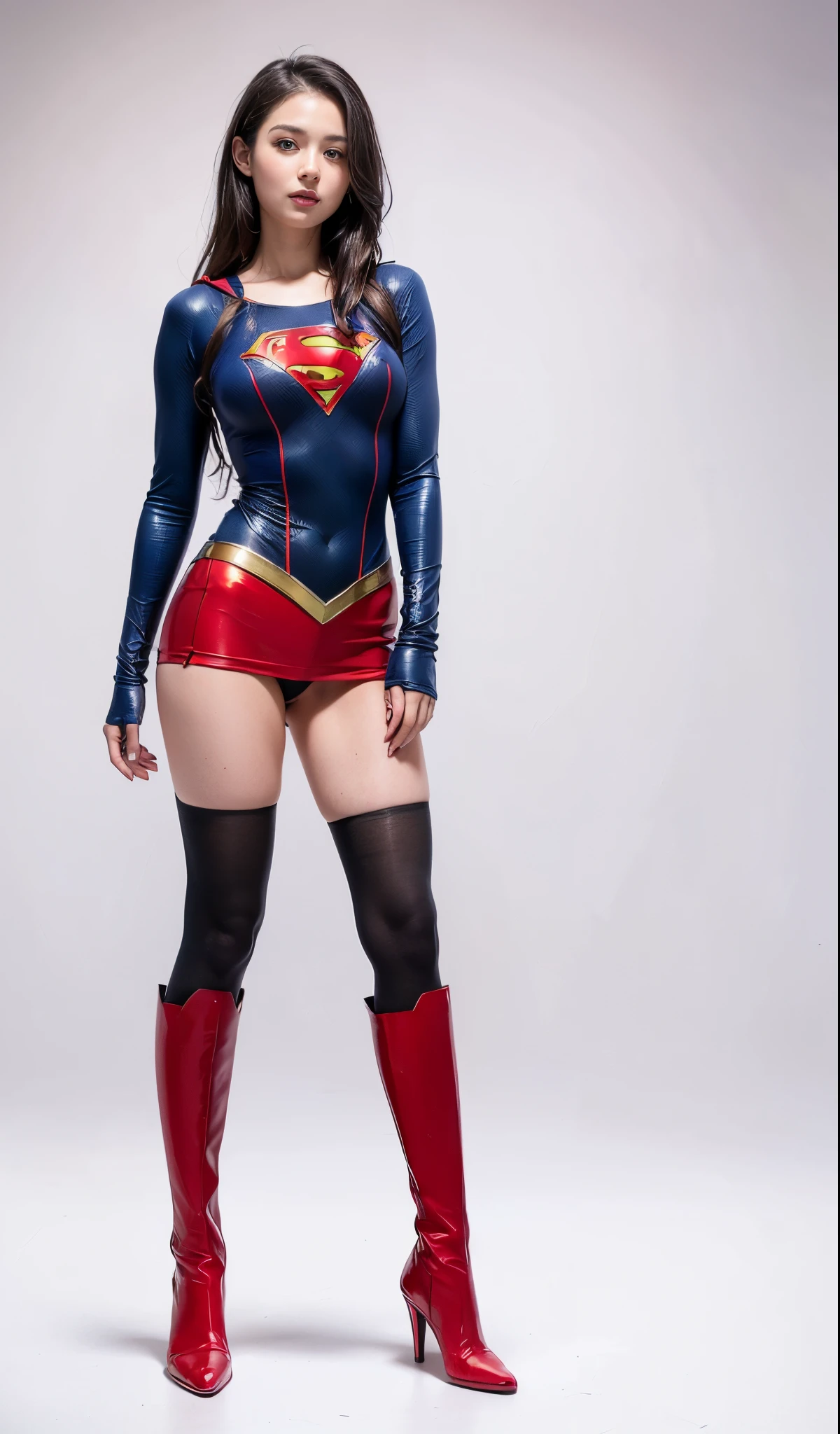 (((Wear black tights on your beautiful legs.)))、(((Grow legs、tall、Legal expression of the beauty of a smile)))、((((Make the most of the original image)))、(((Supergirl Costume)))、(((beautiful hairl)))、(((Suffering)))、(((Feet must necessarily be worn with black tights)))、(((You need to wear red boots)))、((Top image quality、8K))、((top-quality、8K、masterpiece:1.3))、(((keep background )))、Crisp focus:1.2、Beautiful woman with perfect body shape:1.4、Slender Abs:1.2、a wet body:1.5、Highly detailed facial and skin texture、8K