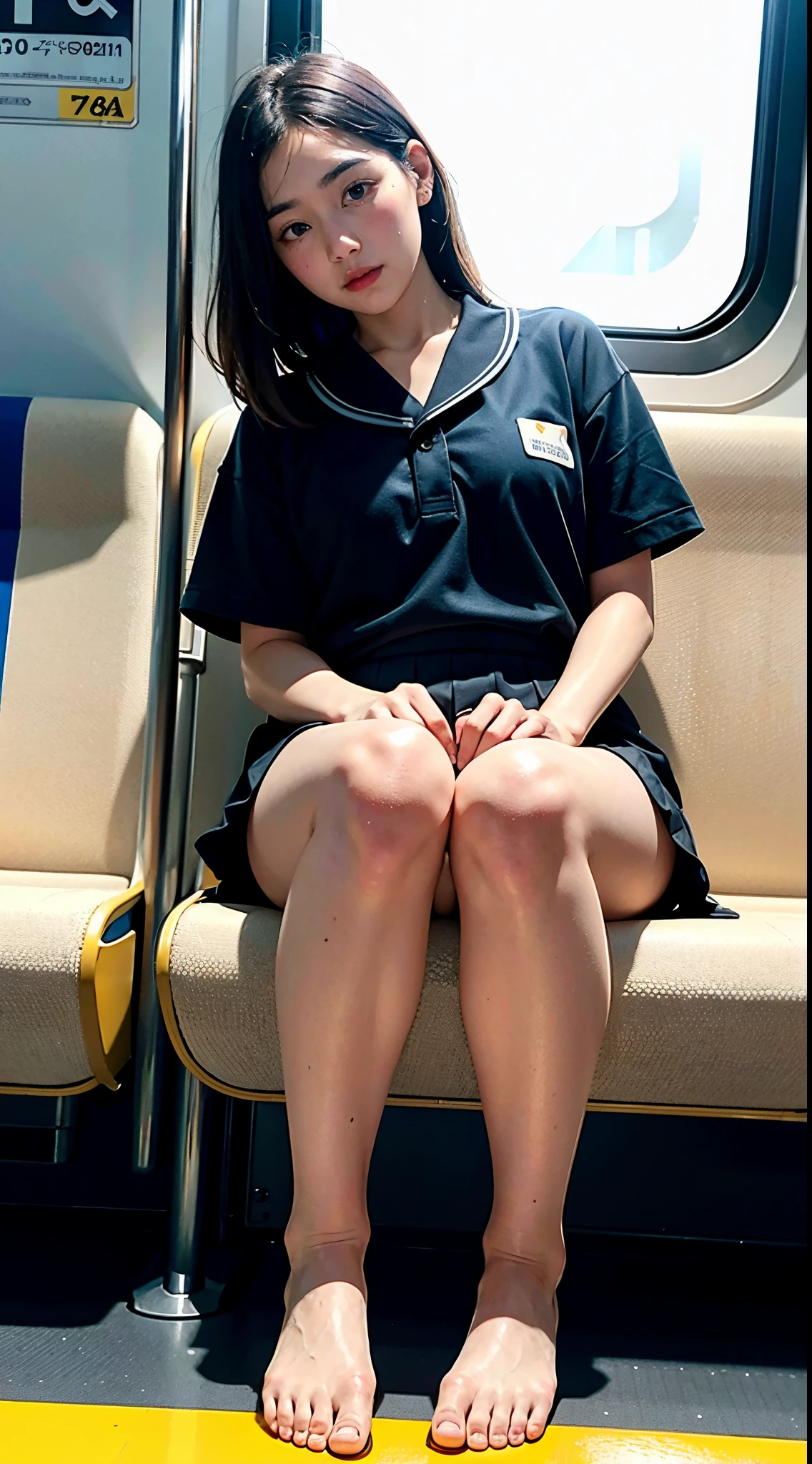 "(Masterpiece, High Definition, Ultra High Definition, 4K) Black hair,  Japan girl, uniform skirt, emphasizing thighs, white thighs, soft thighs, glossy thighs, sitting on the train, face-to-face angle, (angle from below),sitting in the train seat,Sitting in front,Zoom camera in the crotch,Feet on the train floor,Full body,Looking down and sleepy,Looking at the viewer only", best quality, ultra high definition, (photorealistic:1.4),, high resolution, detail, raw photo, sharp re, Nikon D850 film stock photo by Lee Jefferies 4 kodak portra 400 camera f1.6 lens rich colors hyper realistic lively textures dramatic lighting unreal engine artstation trends cinestir 800,