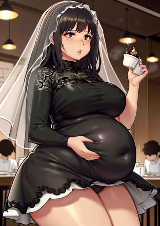 fat, big belly, chubby, osaragi, chubby, black lace dress, black veil, eating cream in a restaurant