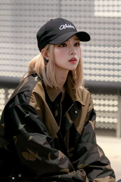 A closeup of a person wearing a hat and jacket, jossi do blackpink, Parque Roseanne do Blackpink, Lalisa Manoban do Blackpink, Jisoo do Blackpink, jisoo do blackpink, Retrato Jisoo Blackpink, Retrato de Jossi de Blackpink, Lalisa Manobal, she's wearing streetwear, jennie blackpink, Ulzzang, Kim Doyoung, Dom Yunjoo
