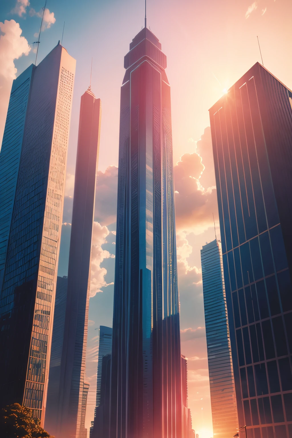 estatua numa cidade futurista acima das nuvens, Tall buildings , luzes brilhantes, cores intesas, sun sunset, Contra-Plongée