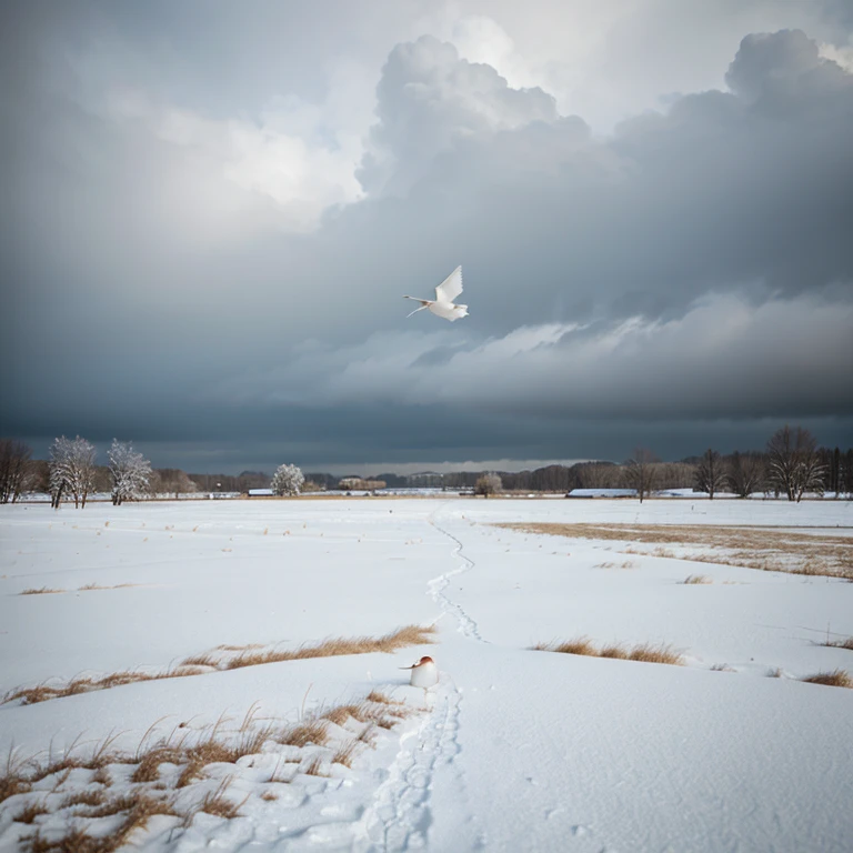 white birds snow field gust of wind