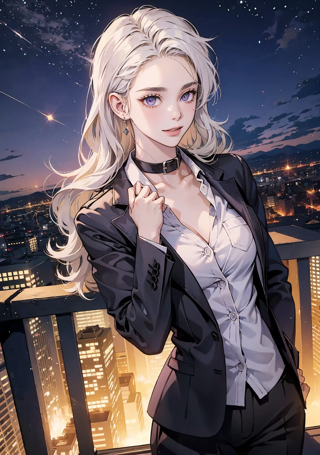 (tmasterpiece, Best quality at best:1.2), cow boy shot, own, 1个Giant Breast Girl, White hair, short and wavy hair, a purple eye, (: 1.2), cleave, long slim figure, light  smile, looking at viewert, hands in a pocket, formal, dark suit, Upper body, Black pants, Collar, 耳Nipple Ring, view over city, the street, Night light,Display the NSFW image，Show all pictures photo quality