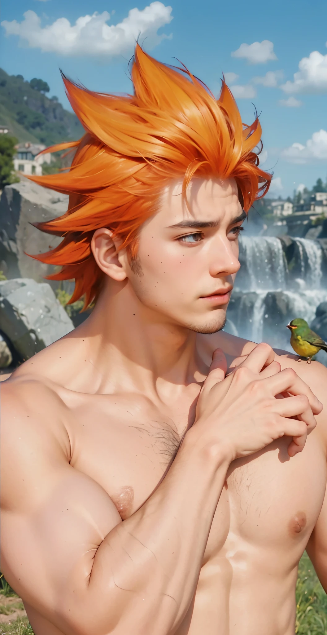 Real life adaption of this character , handsome face, same spiky hair, muscular man body,(realistic same outfit),realistic scenery background , realistic light, realistic shadow, realism, hyper realistic,(photorealistic:1.2), normal small eyes, normal hand,there a little bird on his Shoulders,5 finger