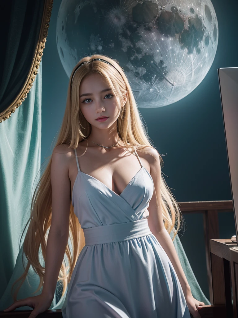 Ana de Armas portrait photo, blonde with blue eyes，Very long hair，Smooth skin，oilly skin，tmasterpiece，consequence，(美丽细致的眼睛:1.1), Best quality at best, illustratio, the maid outfit， deep understanding, The beautiful, iintricate, digitial painting, smooth private parts, Focus sharp, End of the world, Epic reality, (HighDynamicRange:1.4), (pastel colour:1.4), apocalytic, abandon, com cores neutras,  (Complicated details, ultra - detailed:1.3), art  stations, Cinema lenses, vignet, the complex background, buliding，Enchanted smile，Detailed moon background，movie lighting magic lighting，jewely，