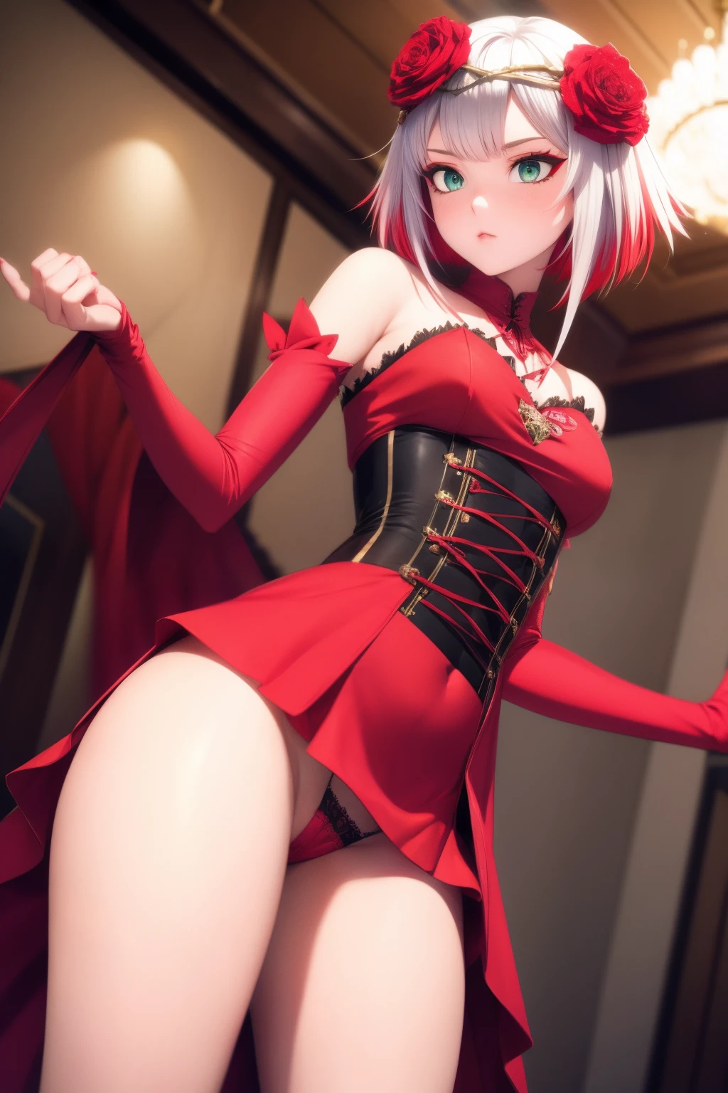 1girl, destiny, flower, solo, microdress, (tight dress:1), tight clothes, panty peek, panties,(white panties:0.8), red flower, hair ornament, red rose, hair flower, short hair, green eyes, standing, from below, low angle, multicolored hair, standing, from_below, thighs, parted bangs, white hair, short hair with long locks, bare shoulders, looking at viewer, detached sleeves, eyeshadow, red rose on hair, small breasts, realistic, best quality,ultra-detailed,sharp focus,vivid colors,photorealistic,dynamic composition,indoor lighting,dramatic color scheme,stylishly, meticulous attention to detail