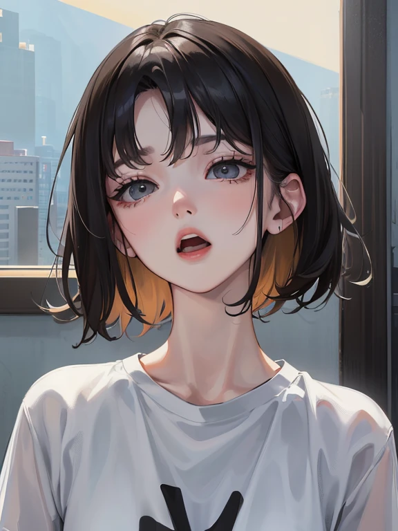 8K、Raw photo、(masuter piece)1.5、(top-quality)1.5、Hi-Res、Looked,(a 25yo woman)、(realisitic、Photorealsitic:1.5), (closed eye):1.0, (Open mouth):1.5 Real numbers、Upper body、(thighs thighs flabby thighs short black hair,Plain T-shirt、Eyes closed、Deep sadness、Sorrow、look up sky、screeming、without background、wide Shots、femele、masterpiece、ighly detailed、Semi-realistic、Black short hair、Dark hair、grey eyes、bangss、25-years old、Mature、年轻