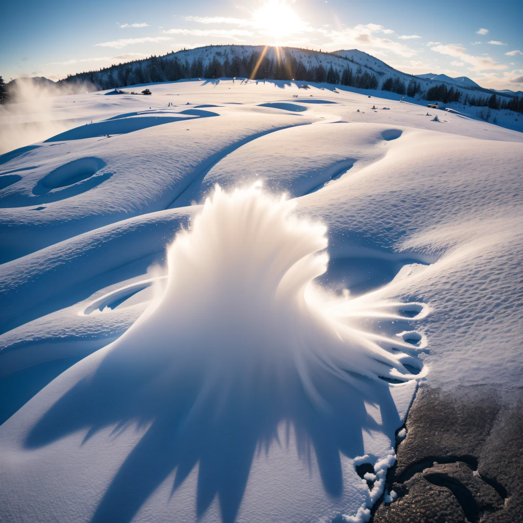 Three basic colors of dyes mixed with each other,Snow mountains of various colors are formed.,splashing snow,exploding snow,Dynamic snow photography,Snow light reflection,dynamic snow,Intricate snow details,Light and shadow snowflake effect,Snow Advertising Photography
