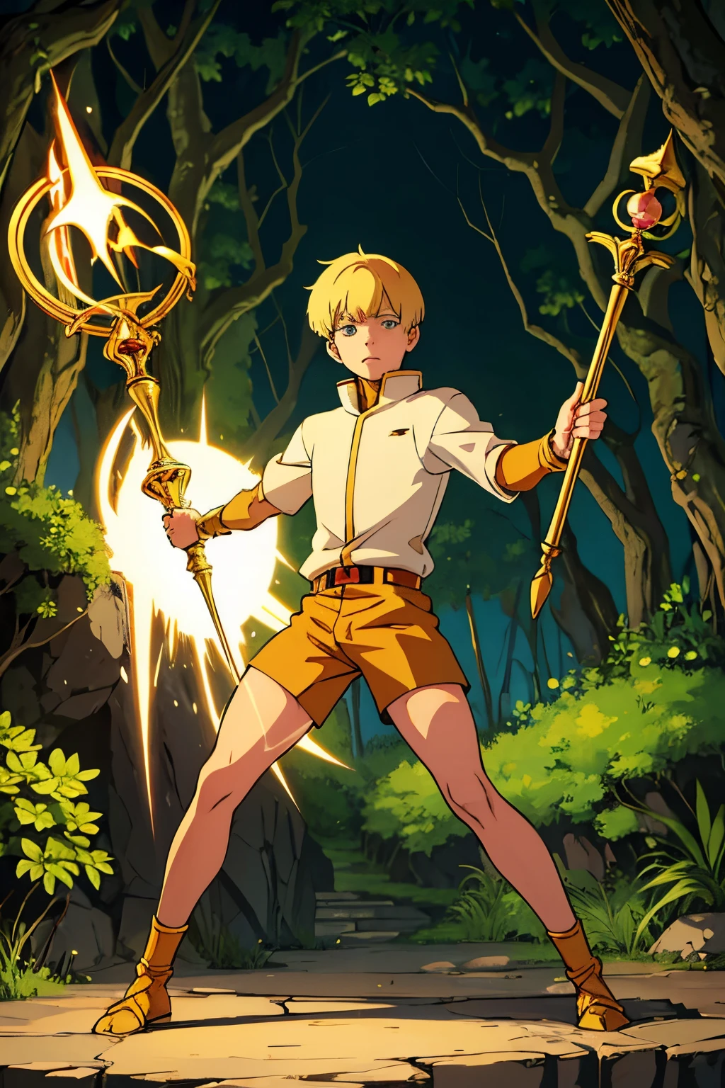 anime characters, blonde boy the bowl cut,  twink, he is a jungle boy, he has a golden staff, he is powerful and is controlling everything around him, he is releasing energy from his staff, he is in a position of sovereignty, facing pose, full body