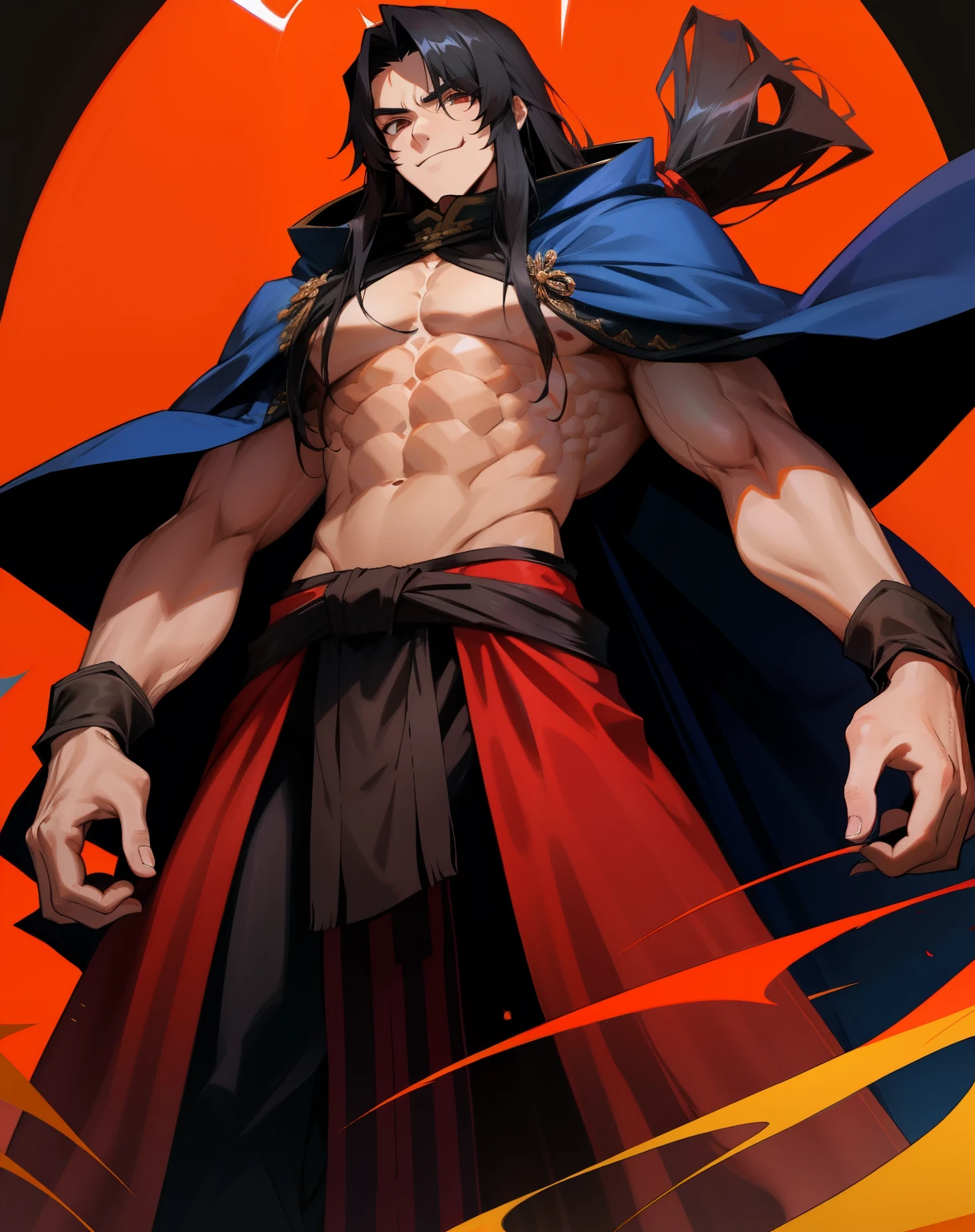 Man, guy, long hair, abs, black hair, cloak, smirk, (((from below)))