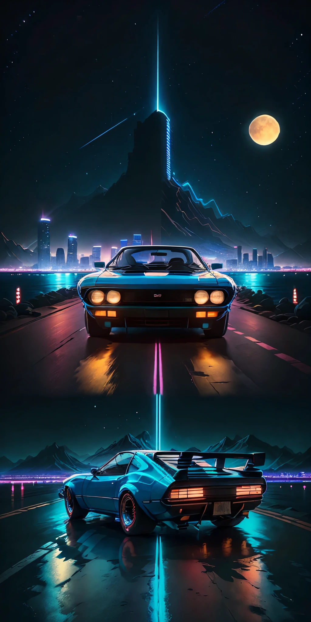retro wave. city, 1969 Nissan S30, wide body kit, road, blue neon lights, sun, mountain, (masterpiece, detailed, high),