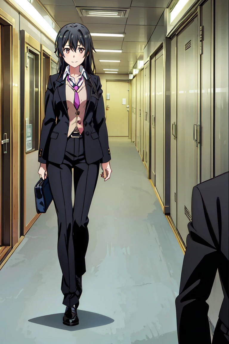 1girl , Yukinoshita Yukino ,A woman in a business suit and long coat stands in a large gap in the room, 1girl, 独奏, necktie, Black hair, eyes blue, long  hair, smile, jacket, looking at the scenes