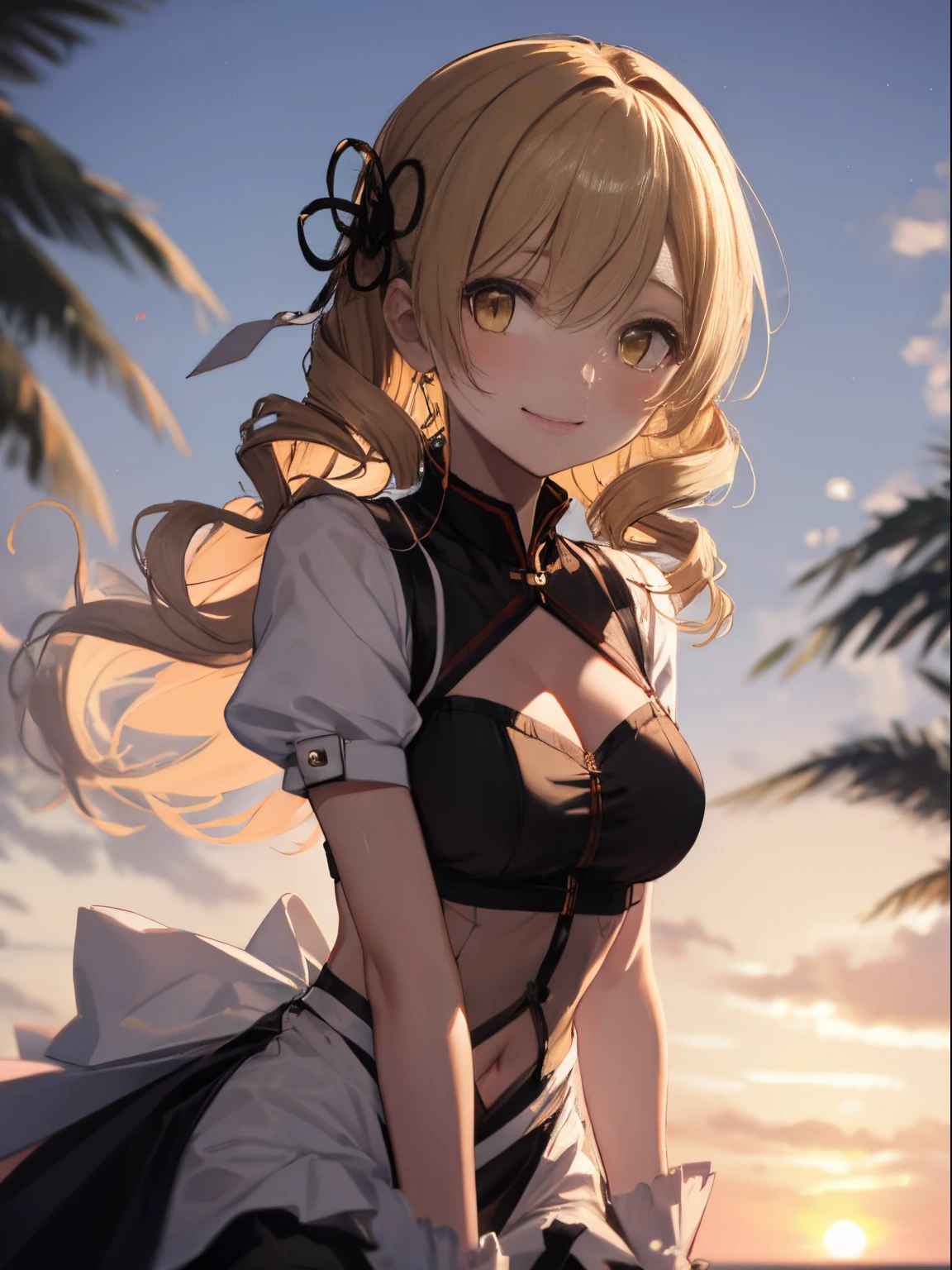 ultra-detailliert, hight resolution,sand beach、 8K,1girl in, (Mami Tomoe), Blonde hair, Drill Hair, twin drills, (Yellow eyes:1.2), white  shirt、Cute clothes, evening, Sunset,Mami walking on the beach、Beautiful clear hair has an angelic charm、front-facing view、The absolute standard is the center of the navel、a closed mouth、Cowboy Shot、Watching the viewer、A smile、Cute dresses with ruffles、