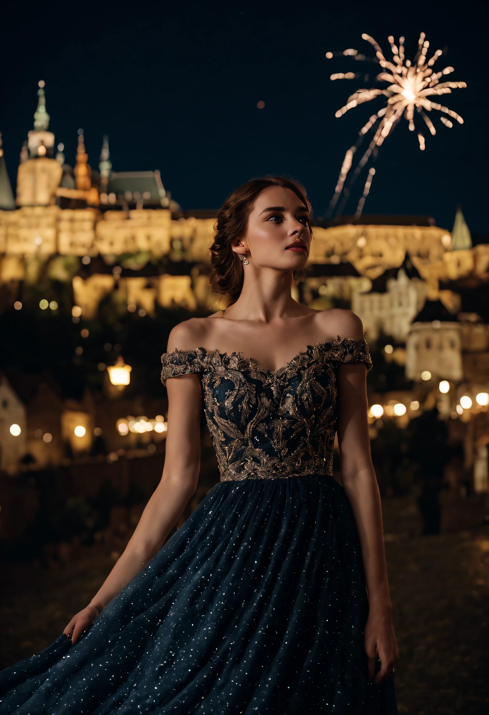 1girl, 20 years old, a beautiful girl ((looking at the night sky)), wearing an elegant and long dress, firework, a flame embroidered in the night sky, windy, prague, castle seen in the background, movie scene, cinematic light, very dark scene, (anamorphic lens bokeh: 1.4), composition from below