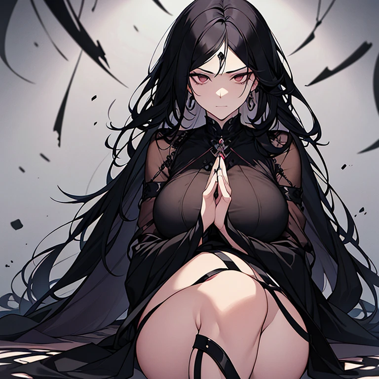 1women, gothic women, long messy black hair, look of annoyance, levitating while meditating, black eyes, attractive woman face, almond eyes,ultra quality, detailed and shadowed