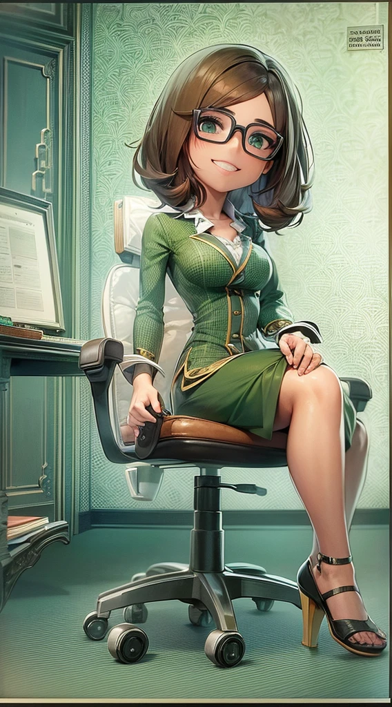 soro brown bob hair woman, green eyes:1.3, glasses, cute smile, sit down on officechair and arched back, upper body, masterpiece, beautiful detailed grow.