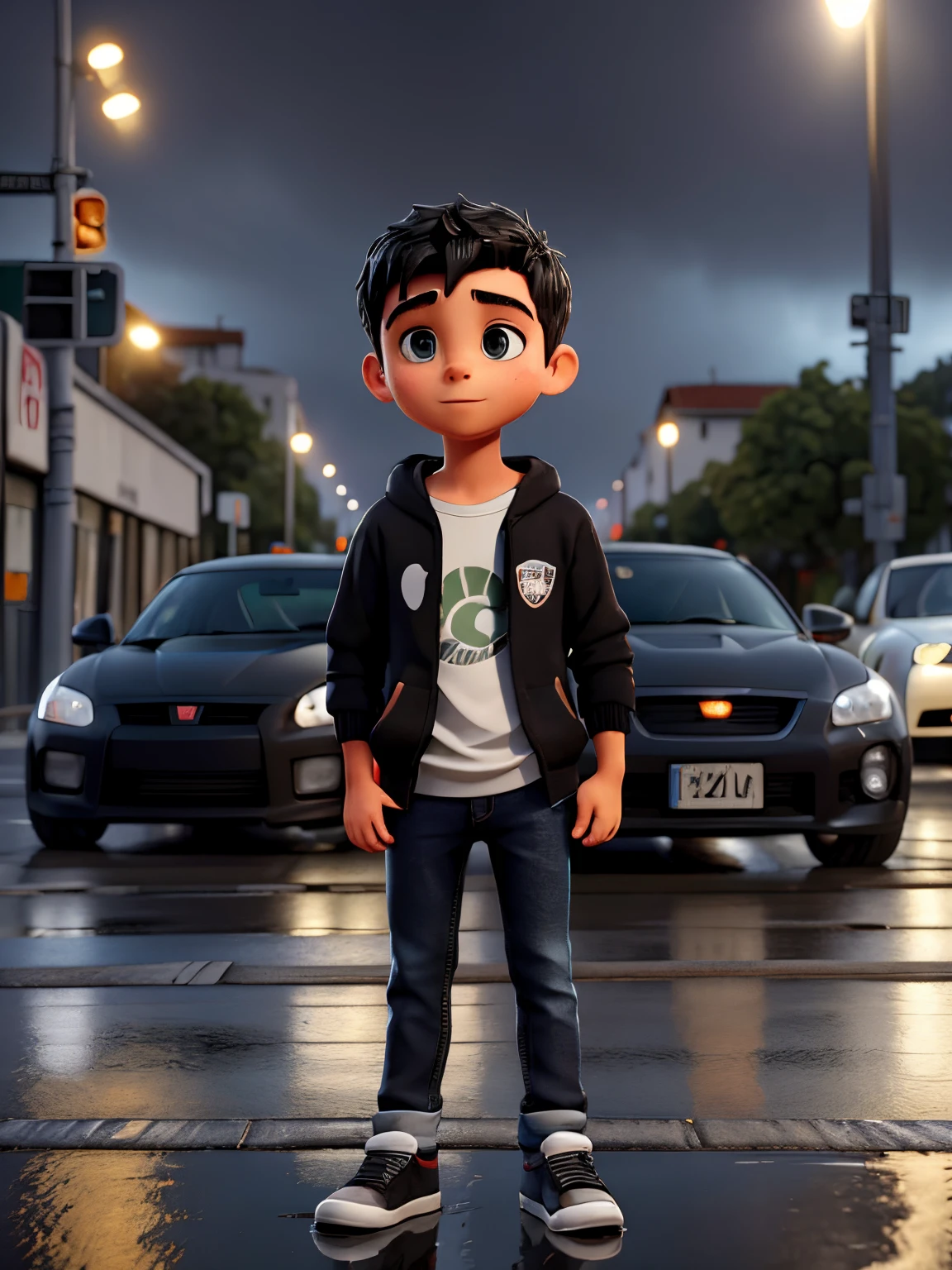 Descreva a cena de um jovem com capuz, wearing a black sweatshirt and jeans, standing on the sidewalk on a rainy night. He looking at a shiny GTR R35 car passing on the road., Your admiration visible in your eyes. The light from the headlights reflects on the puddles of water around you, enquanto a chuva cai suavemente sobre ele. O som do motor potente ecoa no ar, misturando-se ao som da chuva. The boy remains motionless, captured by the elegance and speed of the car, dreaming of the day when you can be behind the wheel of such an impressive machine.