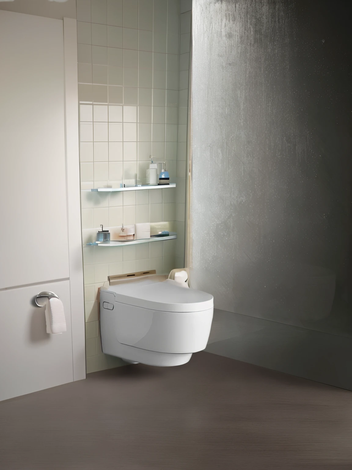 Clean and tidy bathroom，There  a niche above the toilet，There are toiletries inside，light toned