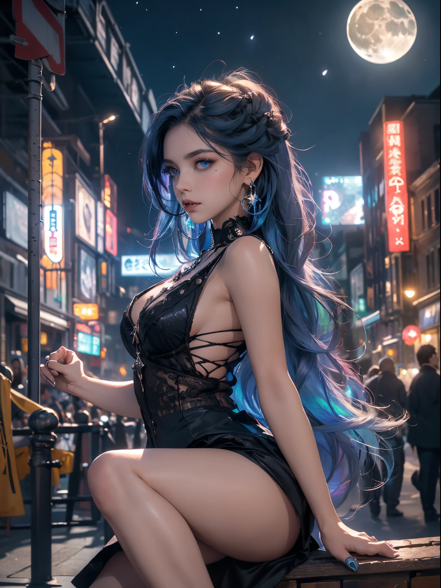 a beautiful and lazy girl, light blue eyes, thin eyebrows, star mouth, high nose, shiny earrings, long hair, natural colored hair, gothic dress, high heels, small breasts, thick legs, big ass, (((construction gothic in the background of the scene, moon in the left corner))), {extremely detailed 16k CG unit wallpaper}, expansive landscape photography, (a view from below with focus on the character and the scene), (wide view of wide field), (low angle shot), (high light: 1.0), (low light: 1.8), (warm light source: 1.0), complex details, (iridescent colors: 1.2), (bright lighting), ( atmospheric lighting), dreamy, unique,