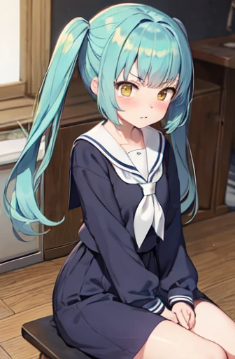 an legs,poneyTail,sitting on,embarrassed,irate,lightblue hair,Yellow eyes,(a sailor suit),Pretz skirt,Sanpaku eyes