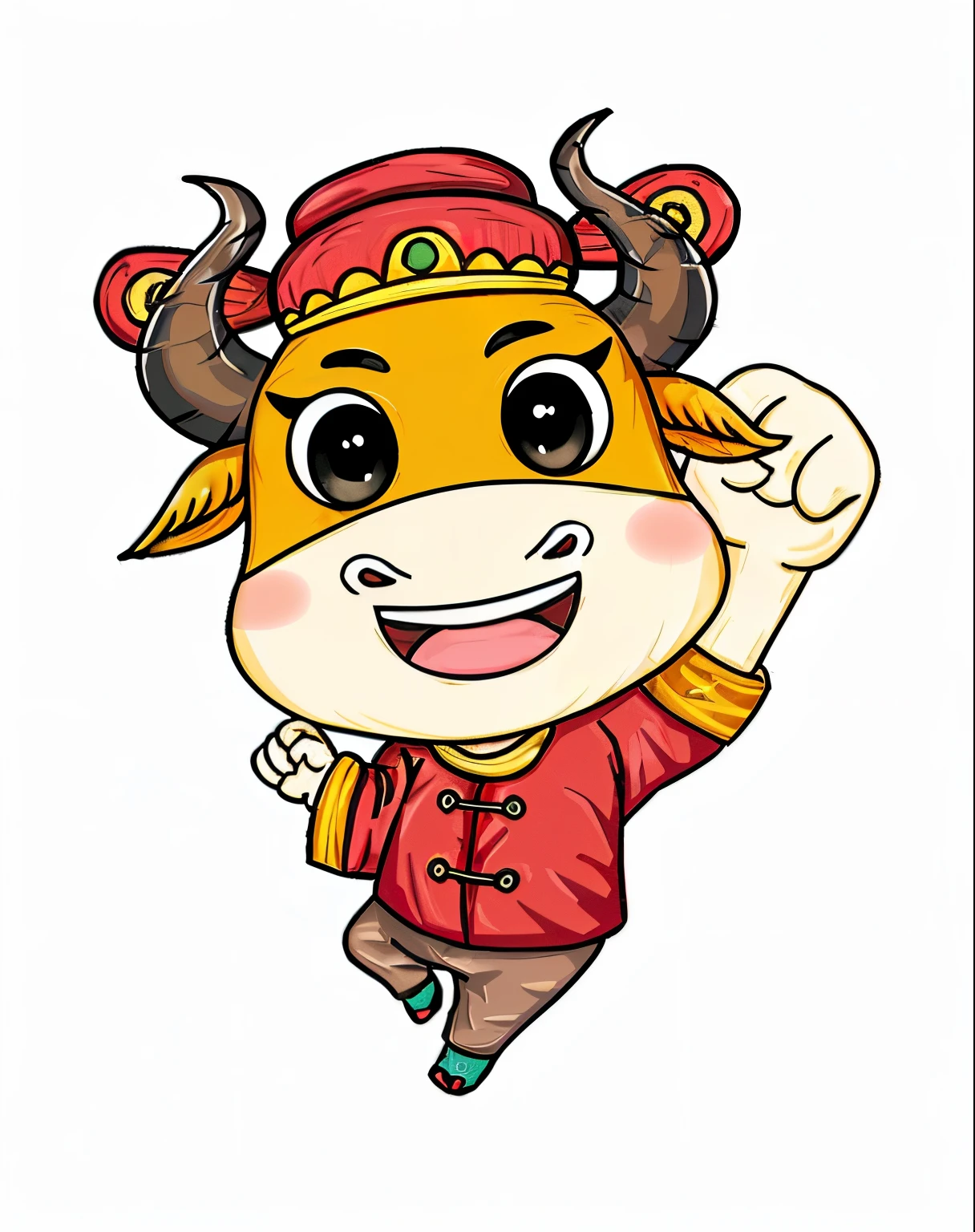 Dancing cow with horns and red hat, A bull, Mascot illustration, This mascot, Human dressed as bull, Tofu potatoes, Inspired by Fu Miao, 人物, Inspired by Hu Zaobin, Inspired by Puhua, taur, taur, full body mascot, Olette, Inspired by Mi Fu, sha xi, bian lian