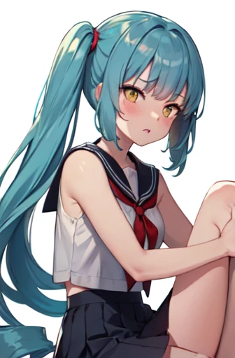 an legs,poneyTail,sitting on,embarrassed,irate,lightblue hair,Yellow eyes,(a sailor suit),Pretz skirt,Sanpaku eyes