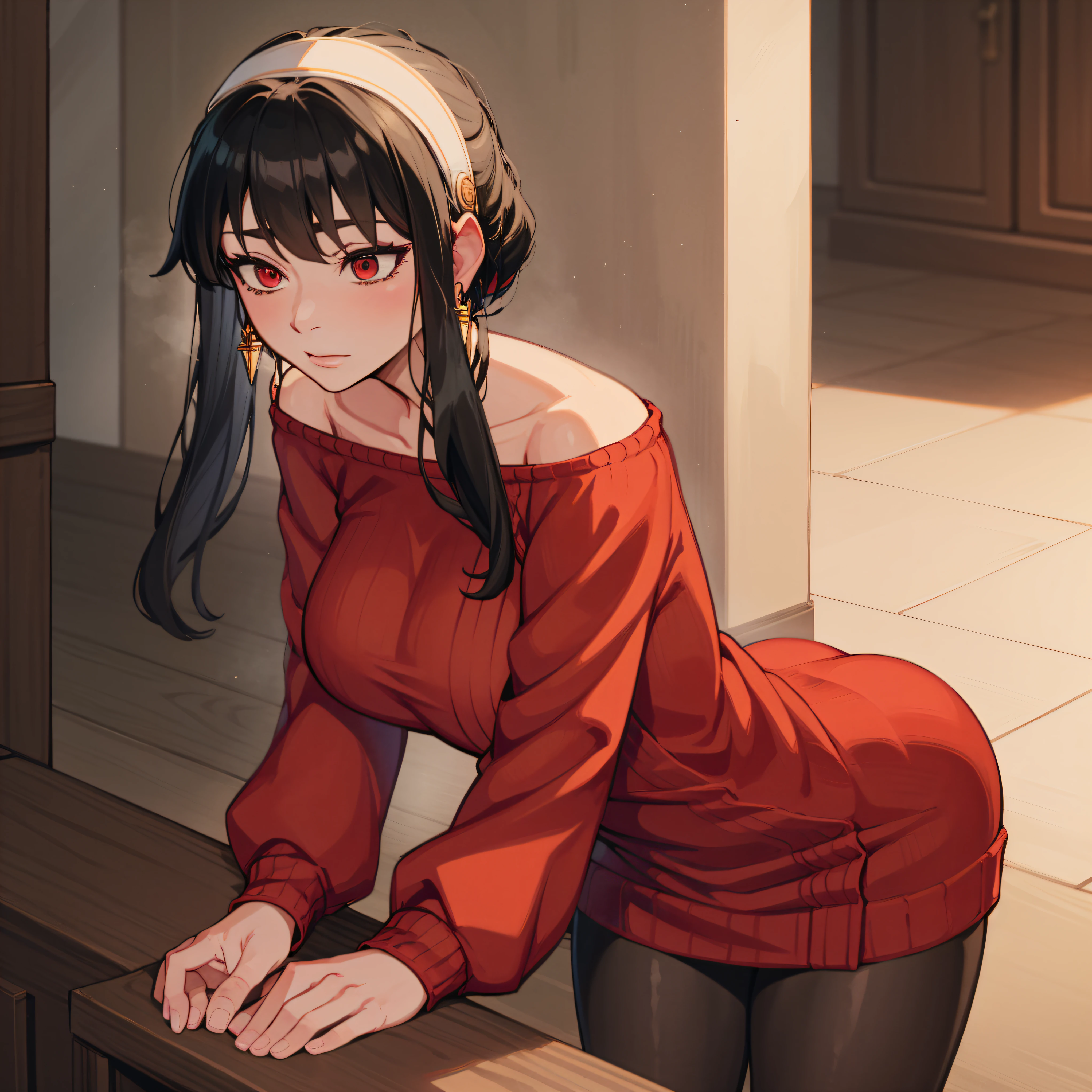 masterpiece, amazing, 8k, detailed, 1girl, (black tights, (red sweater), sweater dress, white hairband, ((from above)), ((looking up)), ((naked breasts)), ((nipples)), ((naked boobs)), ((big boobs)), (long sleeves), off shoulder, black hair, redeyes, detailed background, room, (Overhead view), close-up, ((whole-length)), ((shoes)), ((on knees)), ((leans forward)), (above view), (hands behind back), open mouth, ((ahegao)), ((cum on face)), ((semen on face)), ((semen))