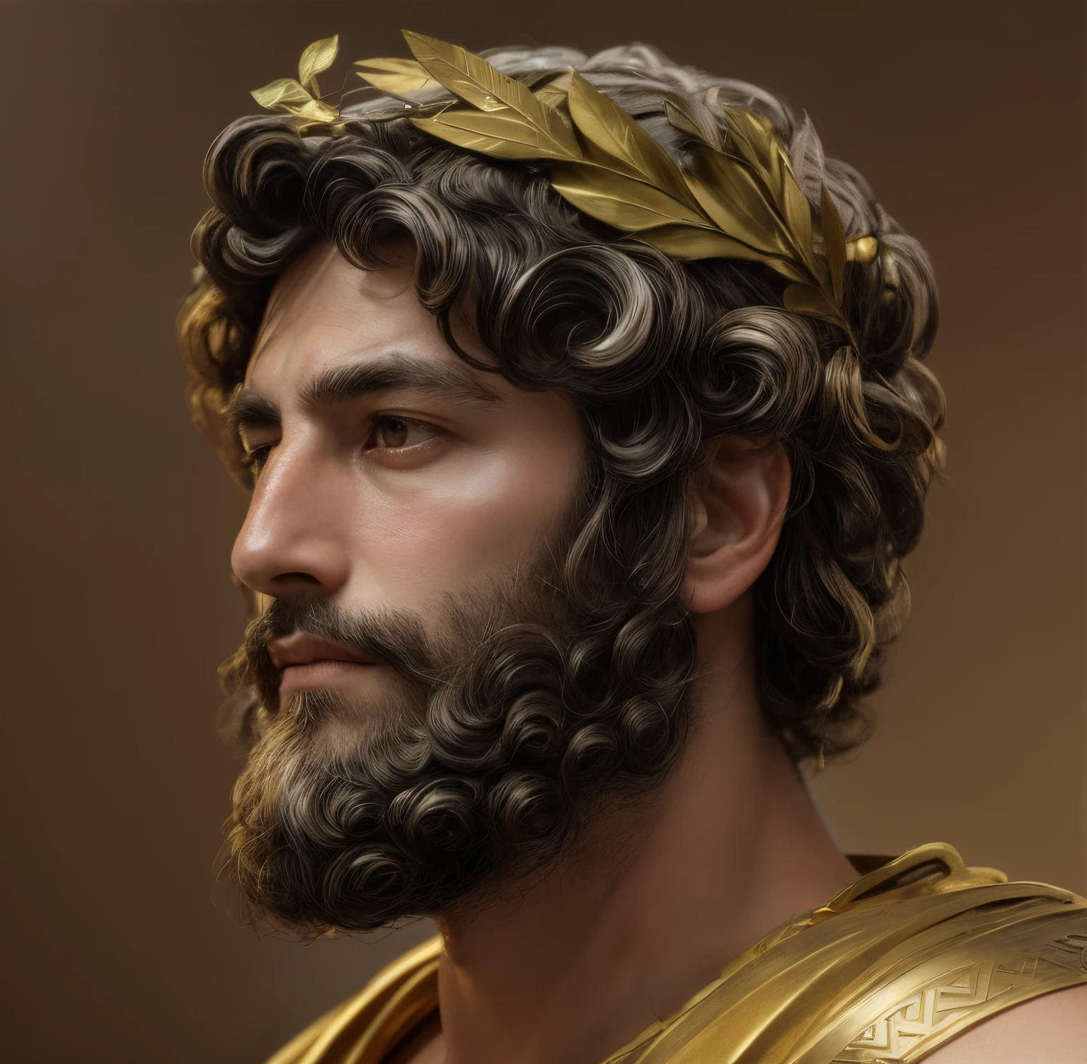 Portrait of a man with black eyes, Black hair and black beard , Realistic human face with black eyes. He wears a golden olive leaf on his head . He wears white clothes similar to those of ancient Greece. A realistic portrait of a man resembling Greek kings. Realistic image 8