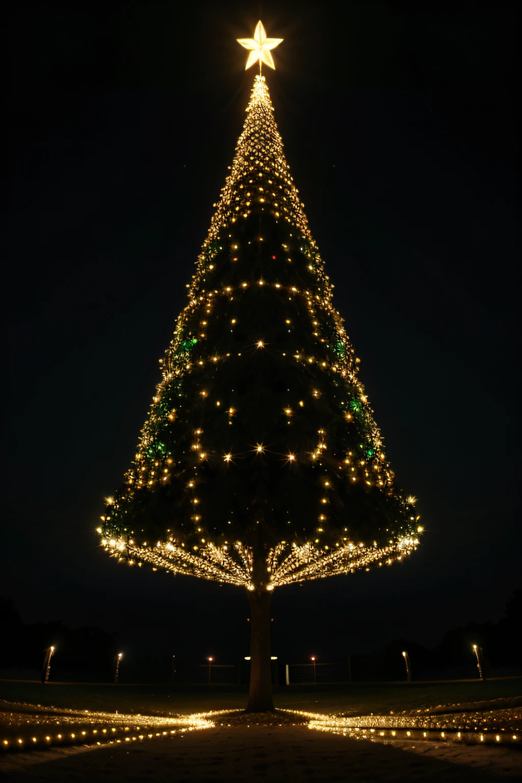 create the image of a cyber Christmas tree, with lights in the sky, com ouro