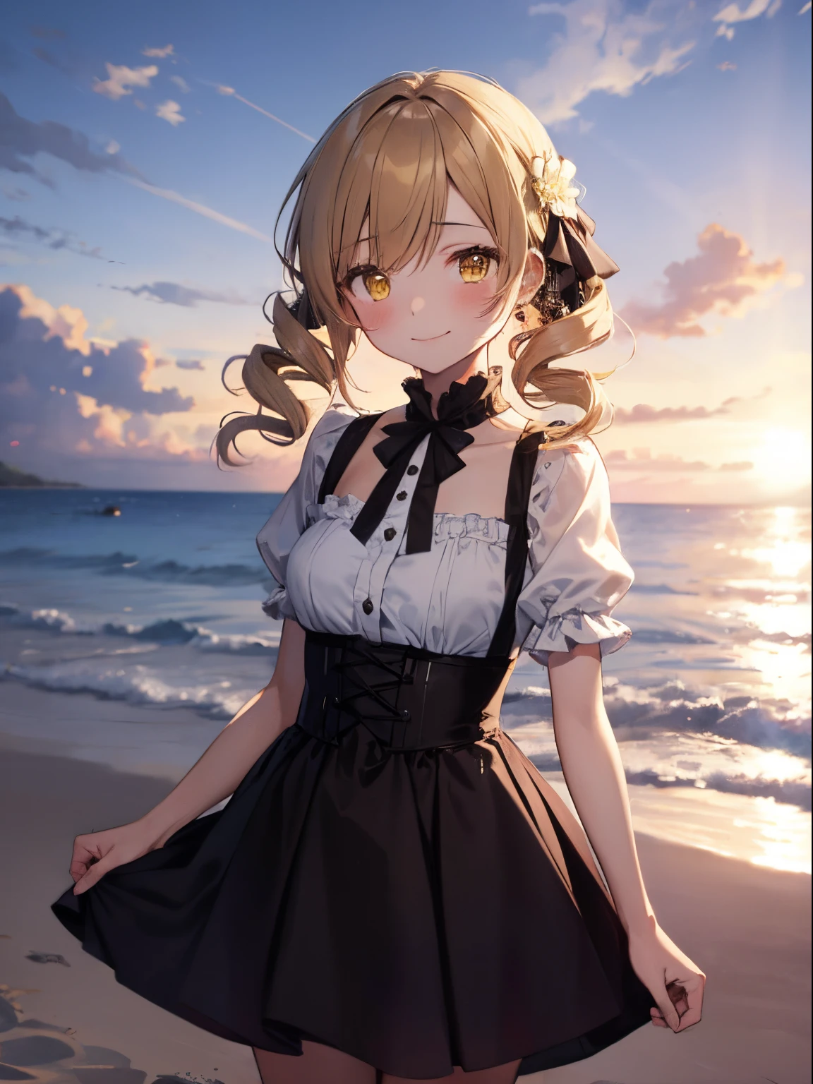 ultra-detailliert, hight resolution,sand beach、 8K,1girl in, (Mami Tomoe), Blonde hair, Drill Hair, twin drills, (Yellow eyes:1.2), white  shirt、Cute clothes, evening, Sunset,Mami walking on the beach、Beautiful clear hair has an angelic charm、front-facing view、The absolute standard is the center、a closed mouth、Cowboy Shot、Watching the viewer、A smile、Cute dresses with ruffles、