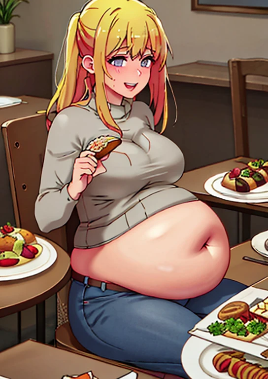 fat, large belly, big belly, very fat, large stomach, chubby (best quality, masterpiece), fat belly, at, large belly, standing, grabbing belly, very fat, large stomach, chubby (best quality, masterpiece), thanksgiving, wearing sweater, grabbing belly, sitting down, table with of food, table tons of food, lots of food, holding belly, table with food, blonde hair