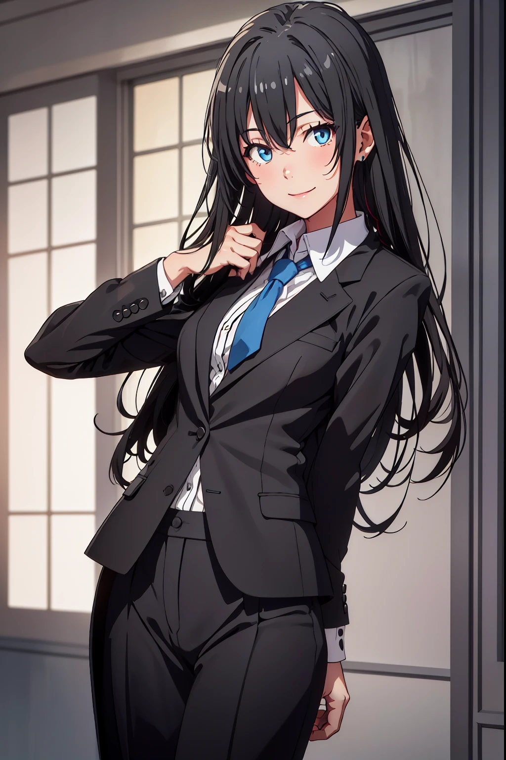 1GIRL , Yukinoshita yukino ,woman in suit tuxedo tailcoat standing in a large alcove in the room, 1girl, solo, necktie, black hair, blue eyes, long hair, smile, jacket, looking at viewer, Full body