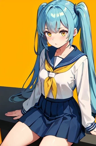 an legs,poneyTail,sitting on,embarrassed,irate,lightblue hair,Yellow eyes,(a sailor suit),Pretz skirt,Sanpaku eyes