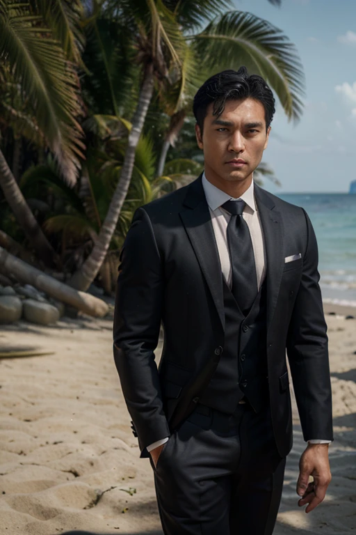 masterpiece, bestquality, High Quality, extremely detailed cg unity 8k wallpaper, Depth of Field, HDR,,photorealistic portrait,Very detailed, 1 man, asian, Short black hair (Wear a suit and tie... ), Pectoral muscles, Big arm muscles, blood vessel, Big muscles, Wide shoulders, looking at the audience, balance eyes, (eye contact) Sea Beach